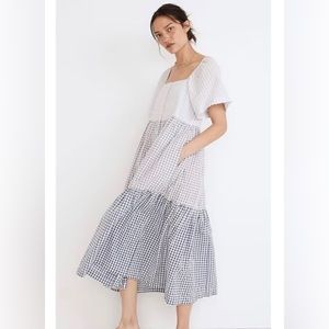 Madewell Patchwork Gingham Purple Blue Button Front Tiered Midi Dress